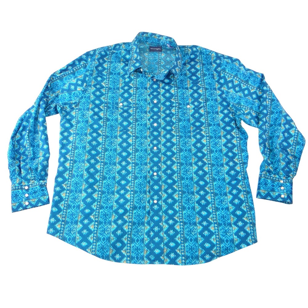 Wrangler Mens Blue Southwestern Geometric Pearl‎ Snap Western Shirt XXL